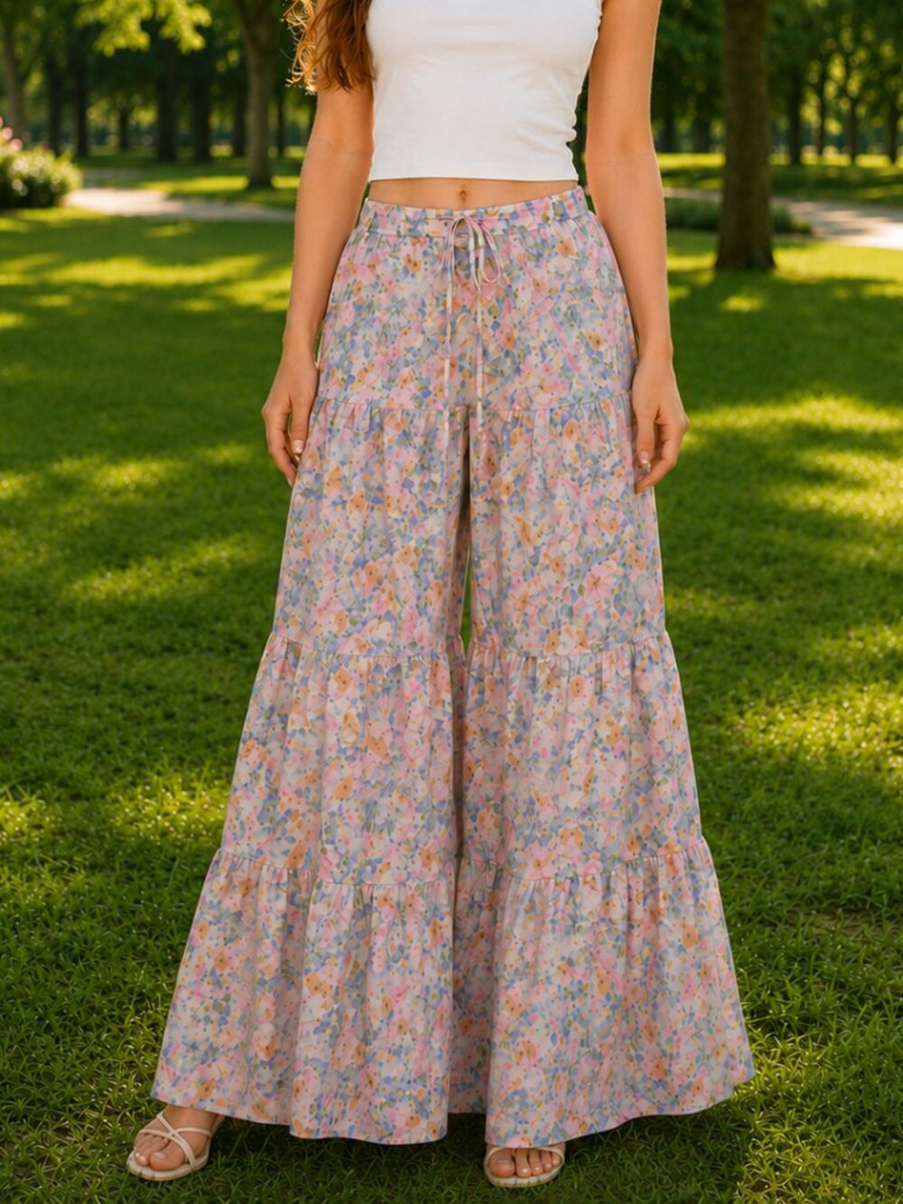 NWT Floral Tiered Wide Leg Palazzo Pants Boho Cottagecore 100% Cotton BiBi